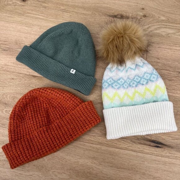 Madewell J Crew Loft Wool Blend Hat Beanie Lot of 3 Orange Green Cream Big Pom - Picture 1 of 13